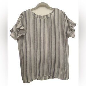 100% Linen Striped Ruffle Sleeve Top